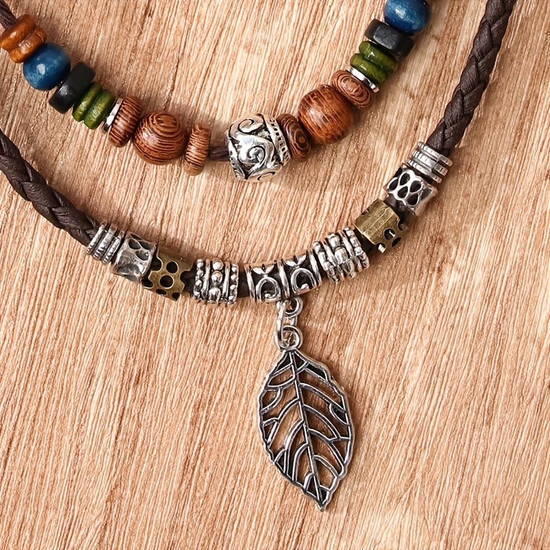 PU Leaf Wooden Bead Necklace, Party Ornament Jewelry