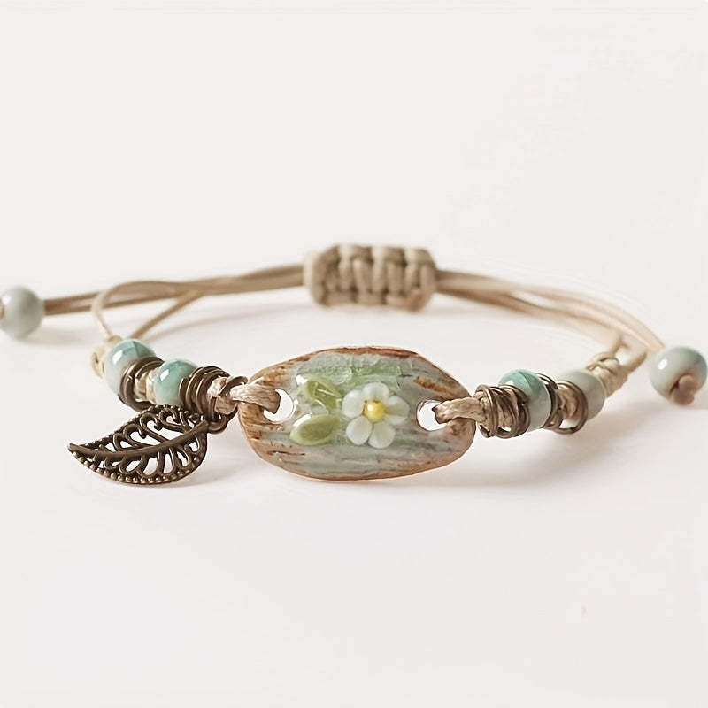 Vintage Leaf Pendant Braided Bracelet, Handmade